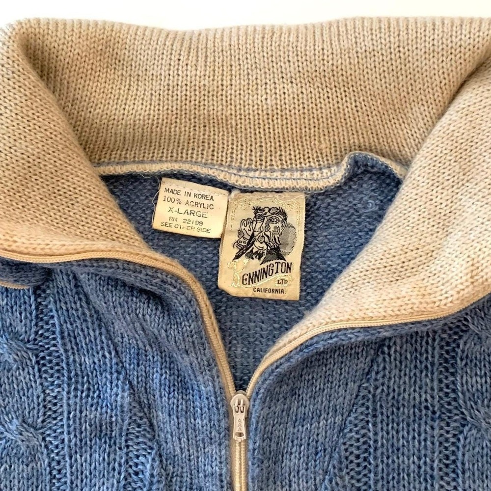 Vintage 70s Men's XL Cable Knit Half Zip Sweater Blue